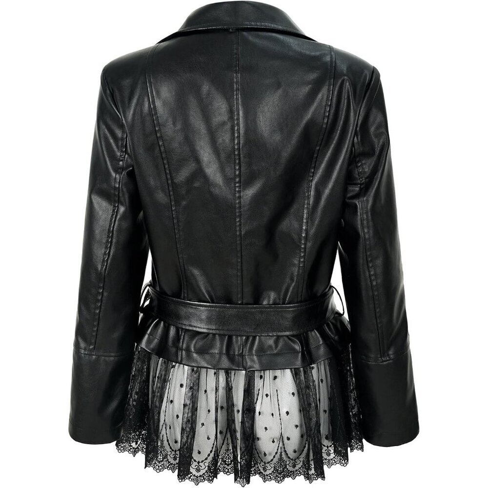 Womens Faux Leather Lace Moto Jacket Vintage Peplum Rose Riding Style Coat - Picture 3 of 6